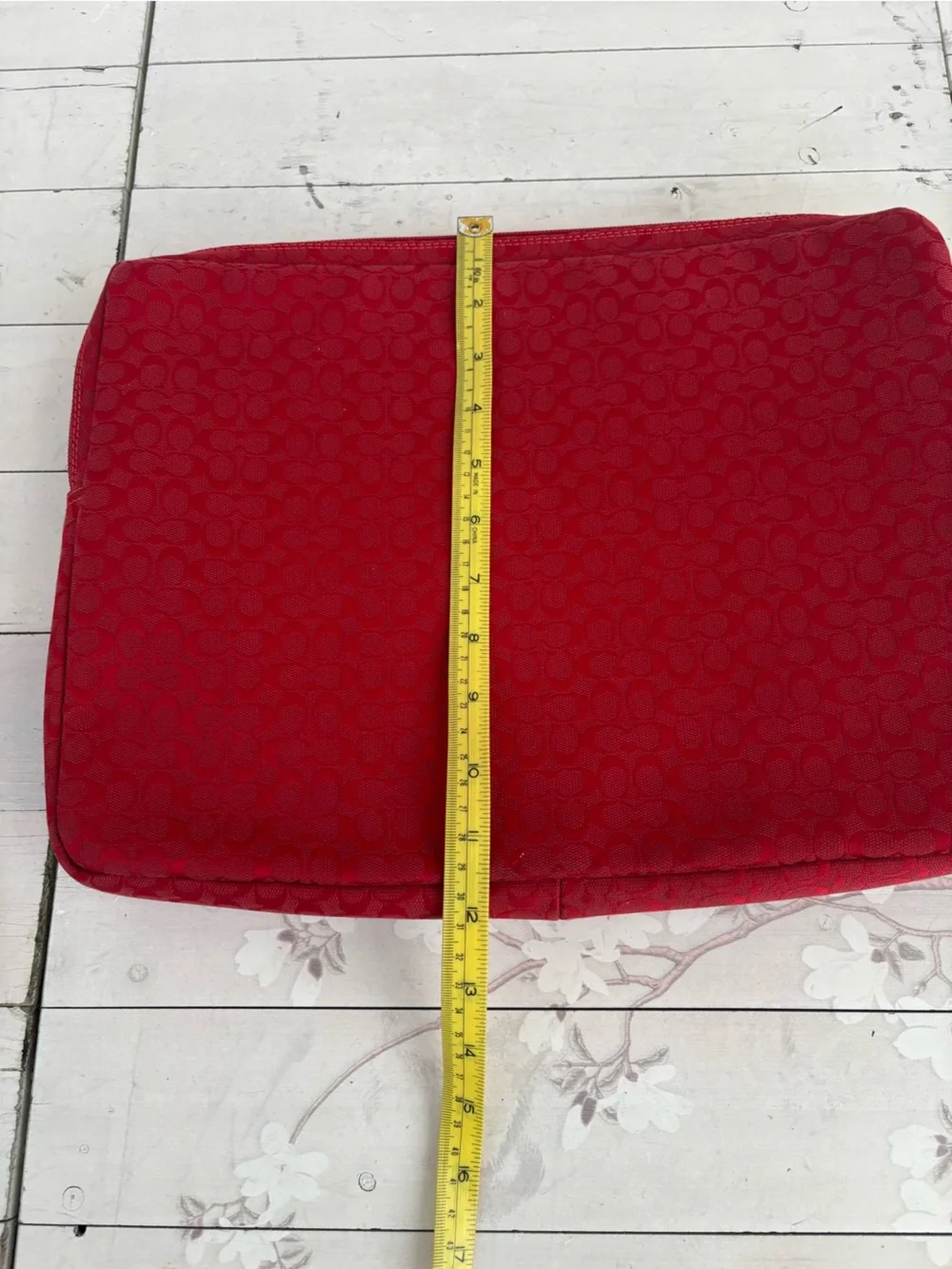 Coach Red Canvas Laptop Sleeve with Tan Leather Center Stripe